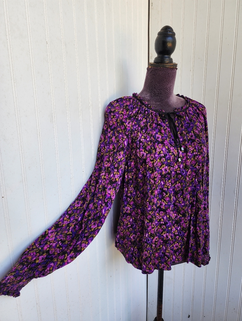 Democracy Womens Ruffle Edge V-Neck Floral Print Woven Long Sleeve Top Purple  L - Picture 5 of 16